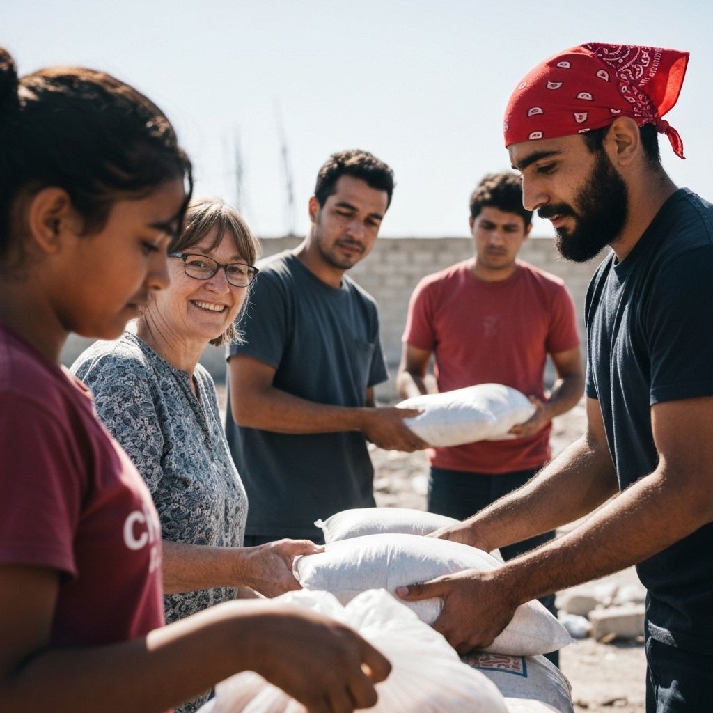 Humanitarian aid workers helping community